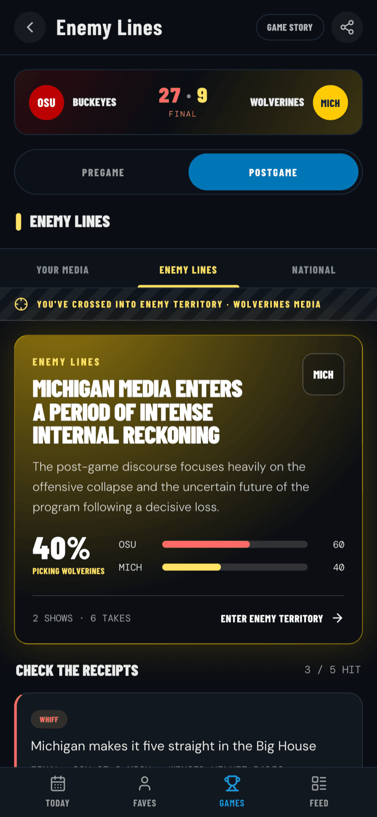 Enemy Lines hub — the rival fanbase's postgame read on the game, with the pregame pick meter